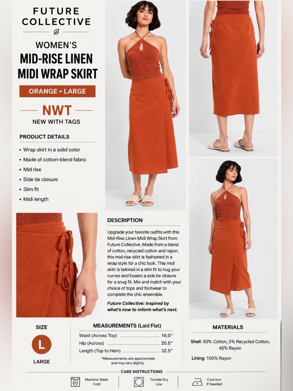 Future Collective Women’s Mid-Rise Linen Midi Wrap Skirt Orange Large NWT